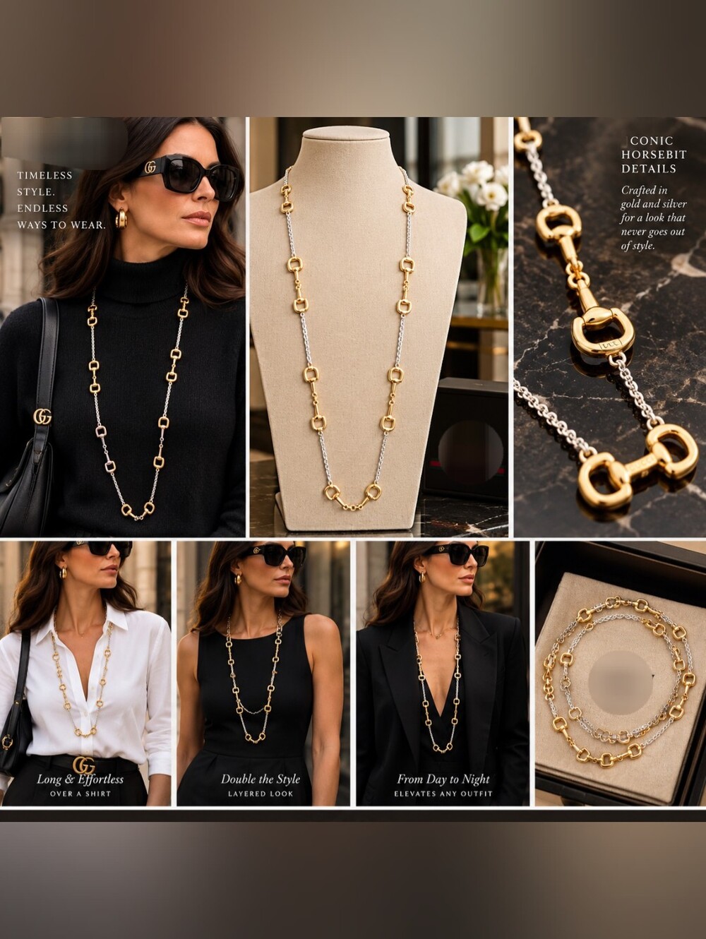 Gold and Silver Conic Horsebit Link Necklace